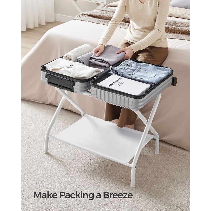 Foldable Steel Luggage Rack with Nylon Straps and Bottom Shelf for Guest Room or Hotel Use