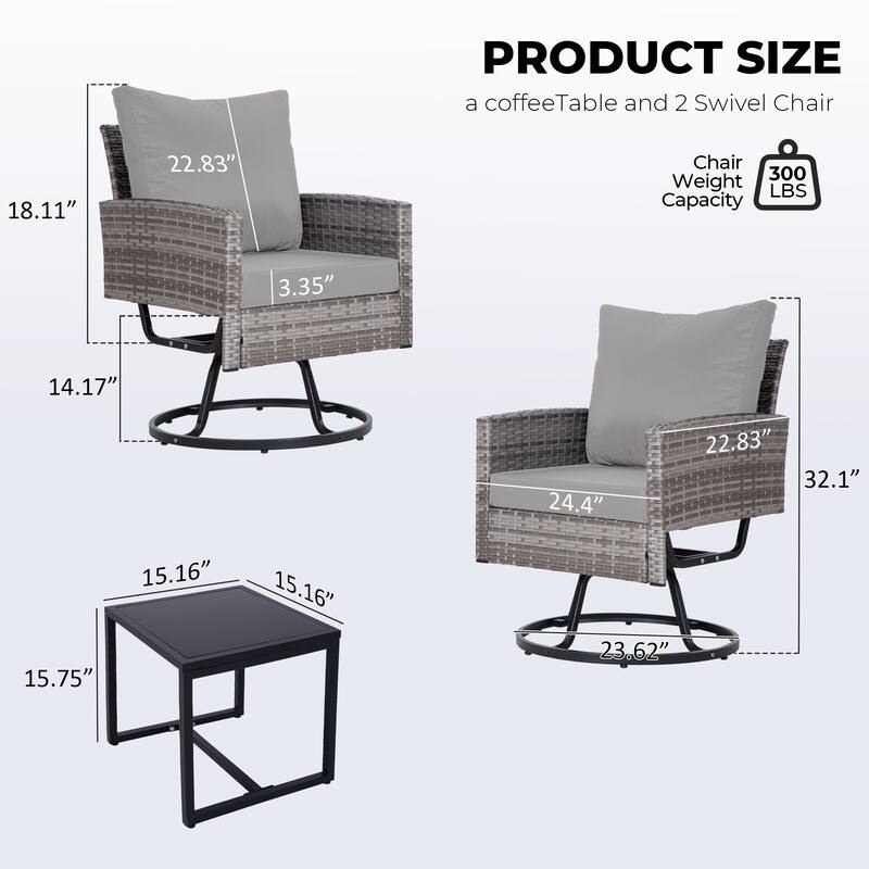 3-Piece Wicker Patio Furniture Set Rattan Swivel Chairs with Coffee Table, Outdoor Seating for Porch, Balcony, Garden