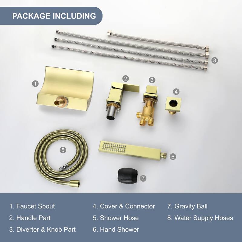 Deck Mounted Four Holes Tub Faucet Waterfall Modern Bath Tub Faucet with Handheld Shower Tub Fillers with Pressure Balance Valve
