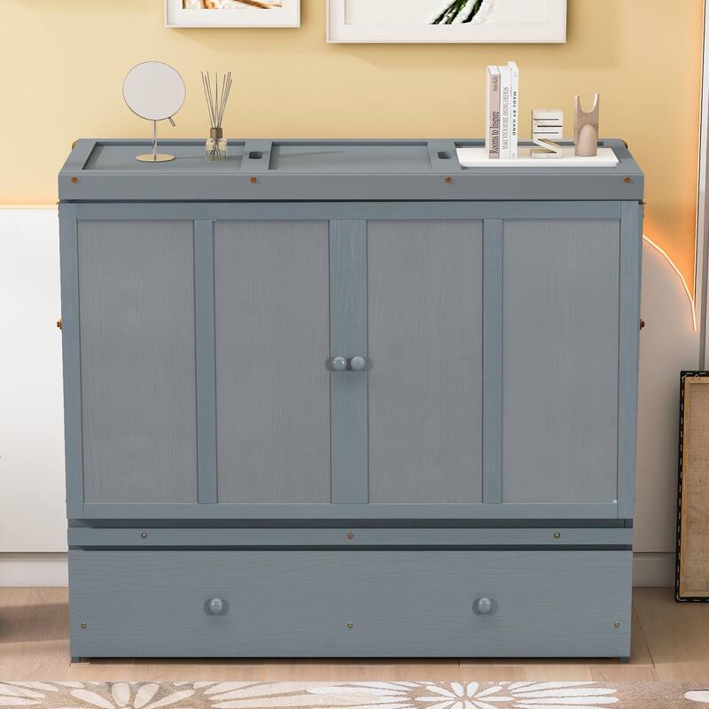 Full Size 2-in-1 Murphy Bed Cabinet with Space Saving Design with Built in USB/Power Outlets, Large Storage Drawer - Gray