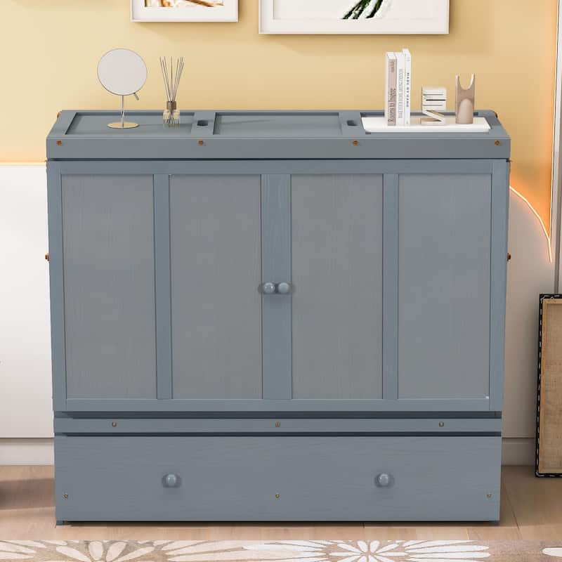 Wood Murphy Chest Bed Frame with Drawer and Charging Station, Space Saving Hidden Folding Cabinet Bed