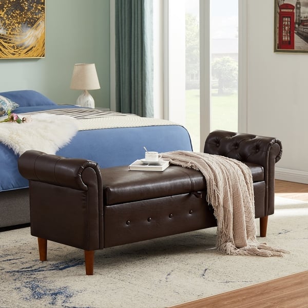 slide 2 of 67, Armed Ottoman Bench PU Leather Bench Button Tufted Sofa Stool Bench Footrest Stoolfor Entryway, Living Room and Window Brown