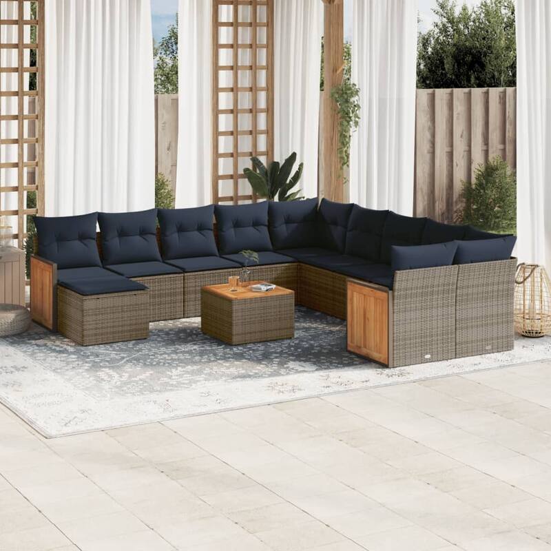 vidaXL 11/12 Piece Patio Sofa Set with Cushions Black/Gray Poly Rattan - 21.7 x 24.4 x 27.2 - Gray With table