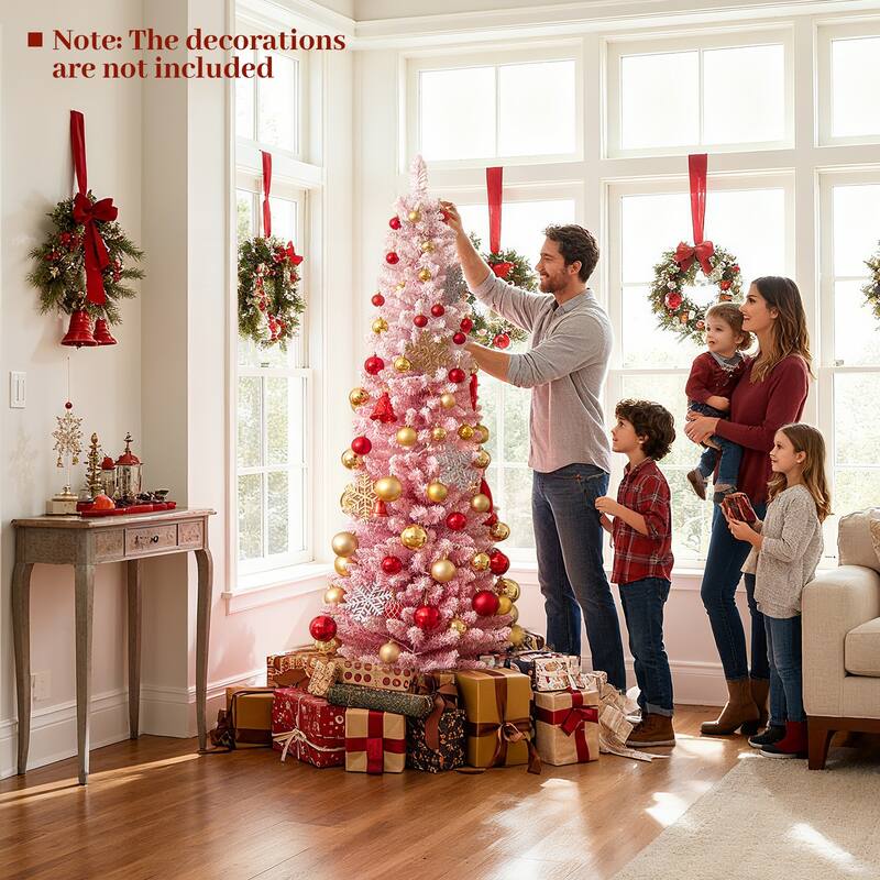 Gymax Pre-Lit Christmas Tree Slim Pencil Xmas Tree w/ Snow Flocked PVC