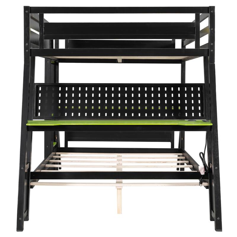 Gaming Bunk Bed Two Built-In Gaming Desks Each Side Loft Bed with USB Desktop Ports and Pegboard Organizer for Gaming Room Gamer