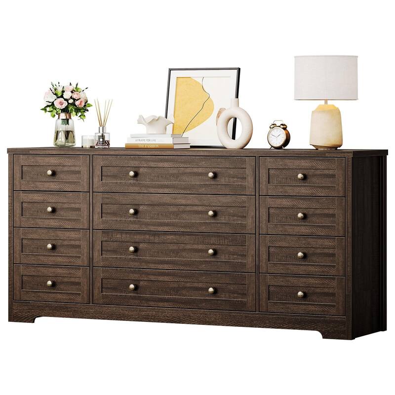 Dresser for Bedroom,Withe Long Wood Dresser with 12 Drawers,Storage Chest of Drawers with Plug-in Charging Hub