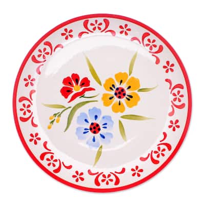 Novica Handmade Primrose Path In Red Ceramic Luncheon Plate