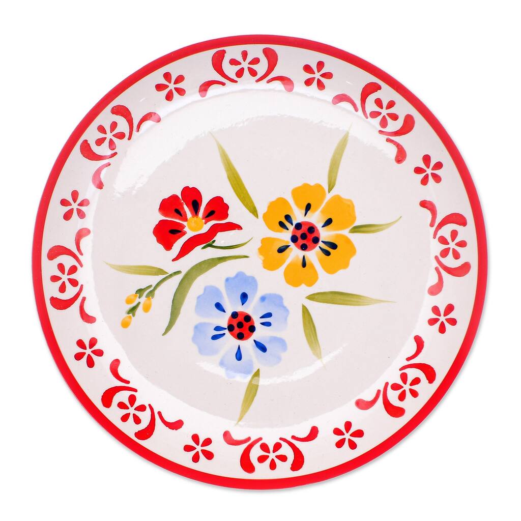 Novica Handmade Primrose Path In Red Ceramic Luncheon Plate