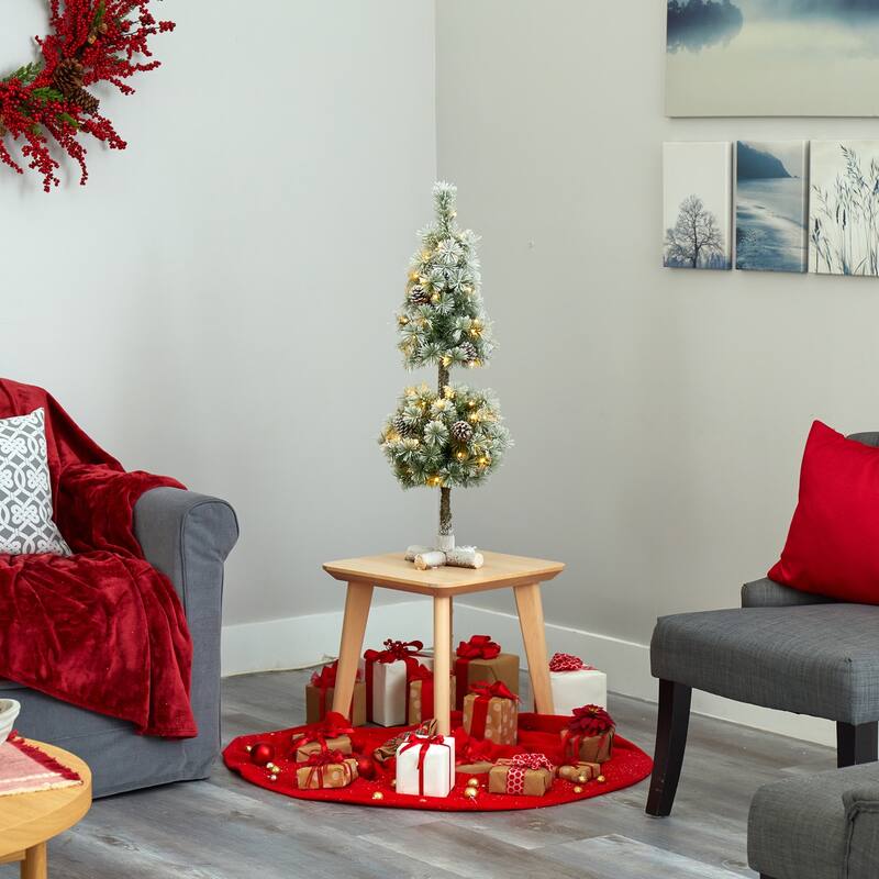 3ft. Flocked Topiary Artificial Christmas Tree with 50 Warm White LED Lights & Pine Cones - Festive Holiday X-Mas Accent