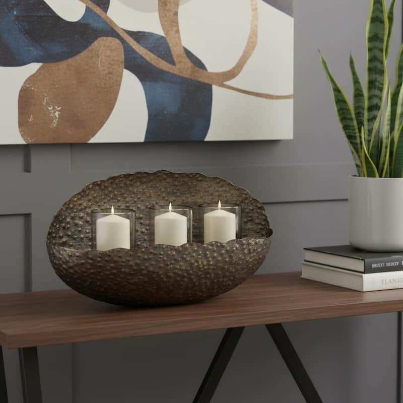 12" Bronze Distressed Hammered Glass And Metal Hurricane Candle Holder - Bronze