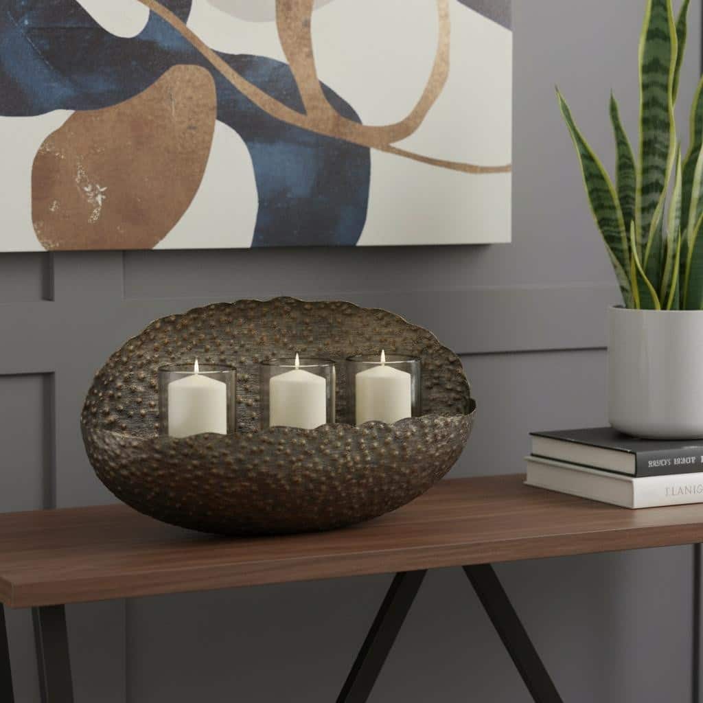 12" Bronze Distressed Hammered Glass And Metal Hurricane Candle Holder