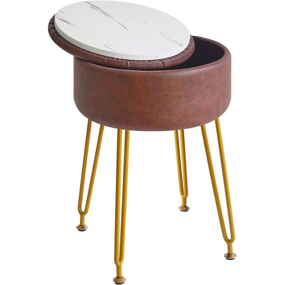 Round Faux Leather Footrest Stool with Storage, Removable Cover, Golden Legs, Dark Brown