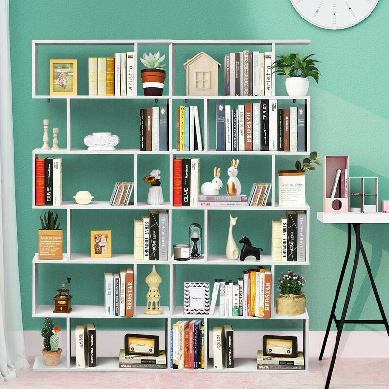 Gymax 2 PCS 6 Tier S-Shaped Bookshelf Storage Display Bookcase Z-Shelf - 31.5'' x 9'' x 75''