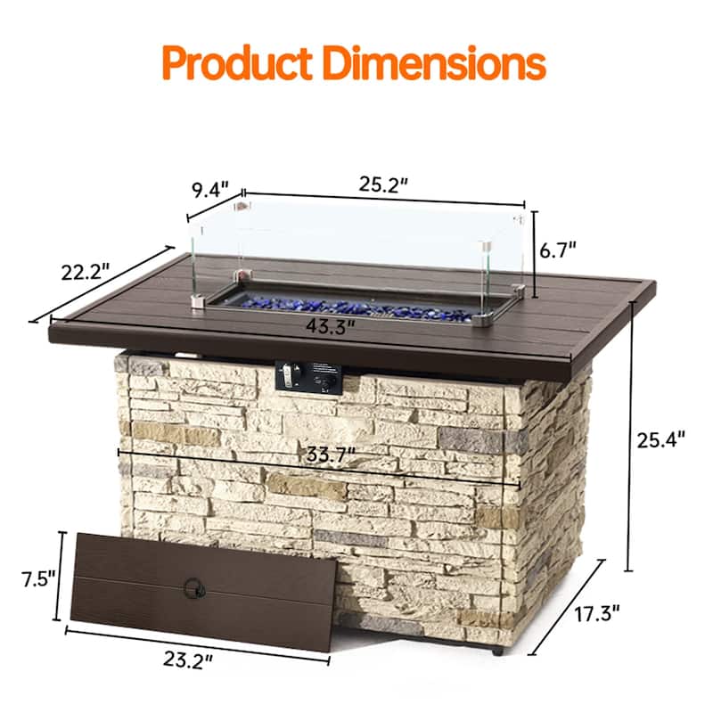 43" Propane Fire Pit Table, 50,000 BTU Faux Stone Fire Pit for Gatherings, CSA Certified Fire Table