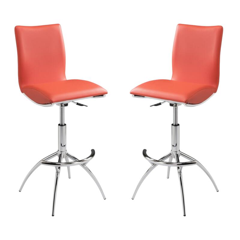 HomeRoots Set of Two Orange and Silver Faux Leather and Metal Low Back Adjustable Height Bar Chairs