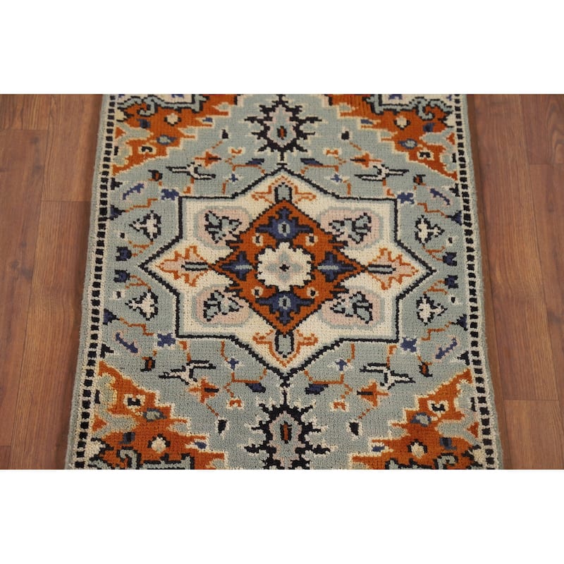 Geometric Kazak Indian Accent Rug Handmade Green Oriental Wool Carpet - 2'0" x 3'0"
