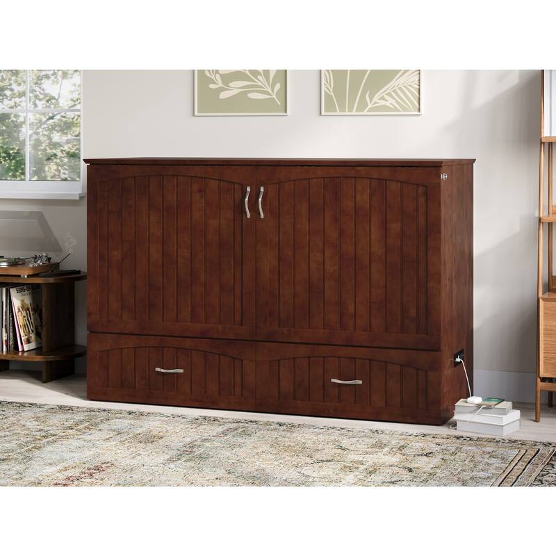 Solid Wood Murphy Bed Chest with Mattress & USB Charger - Walnut Finish, Space Saving Furniture
