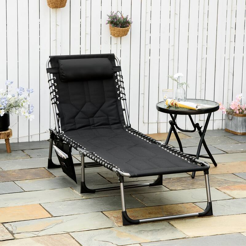Padded Folding Outdoor Lounge Chair with Headrest and Adjustable Recline for Patio Beach or Poolside - Black