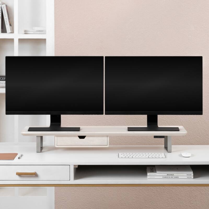Jani Wood Monitor Stand Riser Desk - Ergonomic Design Stand, Desktop Organizer Table for Home, Office Workspace, Gaming Desk - Off-White