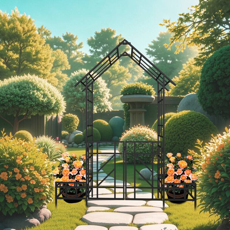 Metal Garden Arch with Bench Turned into Flower Stand Climbing Plants Support Rose Arch Outdoor Black