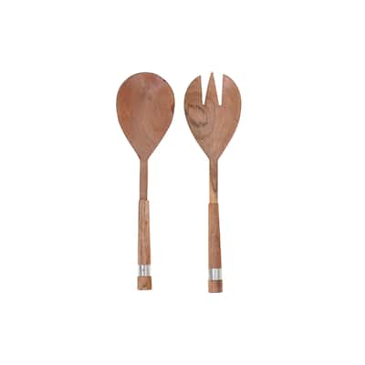 IH Casa Decor Natural Acacia Wood With Hammered Nickel 2 Pc Salad Server Set
