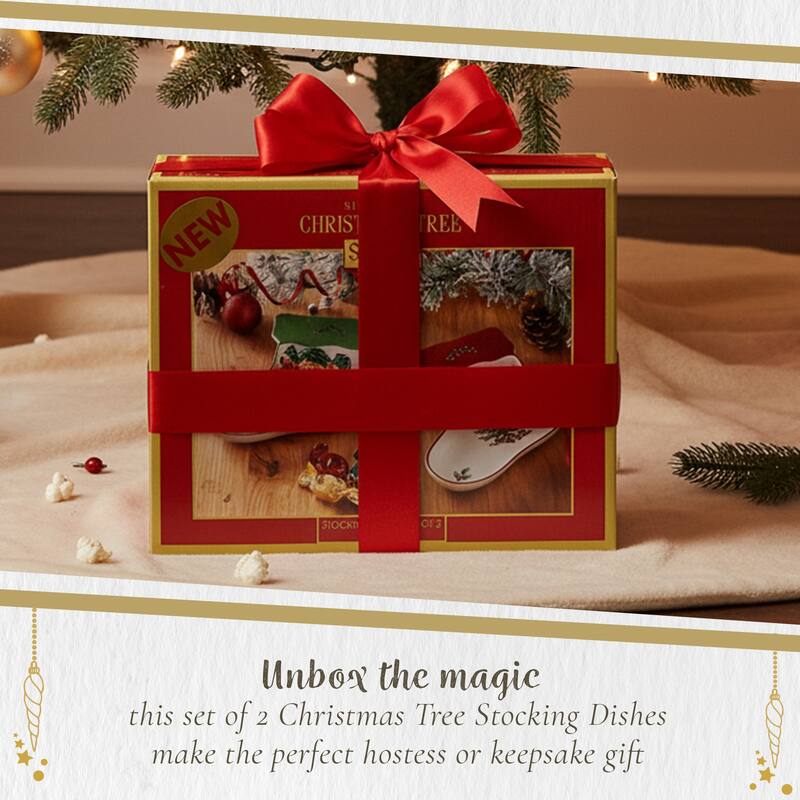 Spode Set of 2 Christmas Tree Stocking Dishes - 7" L x 5.5" W