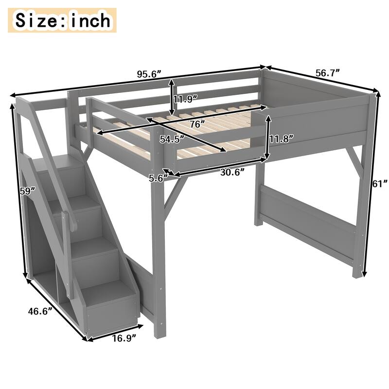 Kids Solid Wood Loft Bed Frame with Built-in Wardrobe, Storage Shelves, Full-length Guardrails and Stairs, No Box Spring Needed