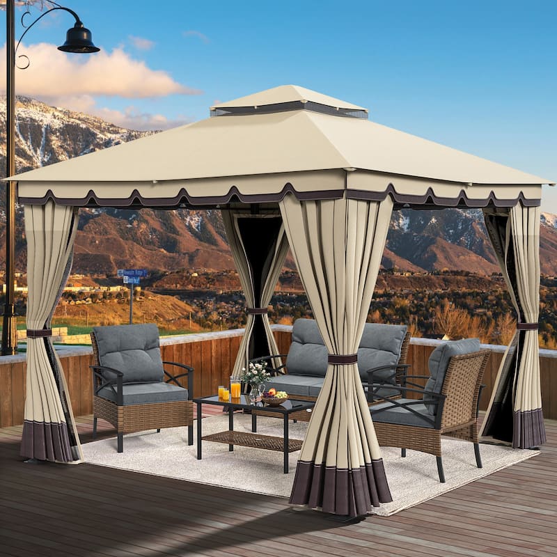 Outdoor 10x10/12Ft Patio Gazebo Canopy with Soft Roof Netting Curtains - 10*10ft - Beige