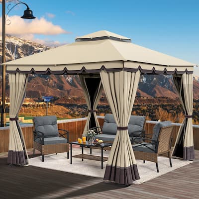Outdoor 10x10/12Ft Patio Gazebo Canopy with Soft Roof Netting Curtains