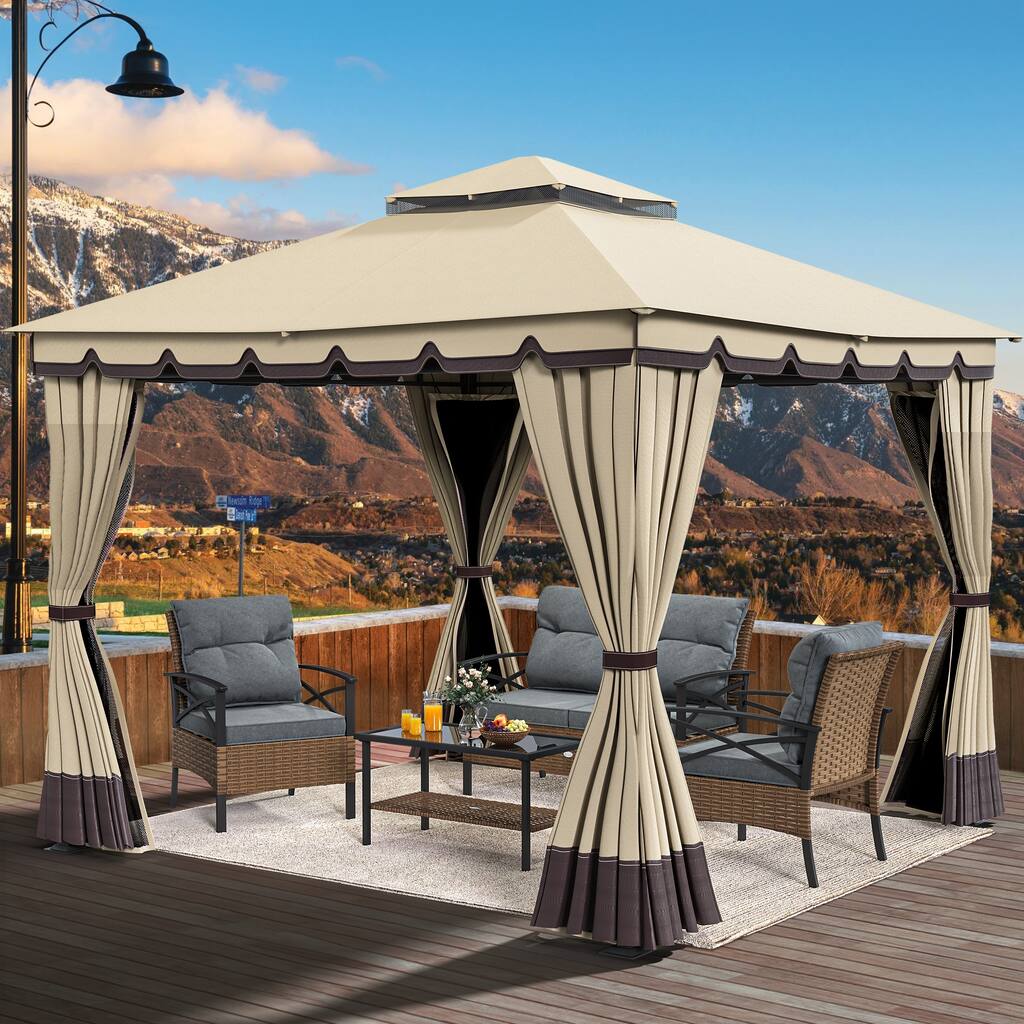 Outdoor 10x10/12Ft Patio Gazebo Canopy with Soft Roof Netting Curtains