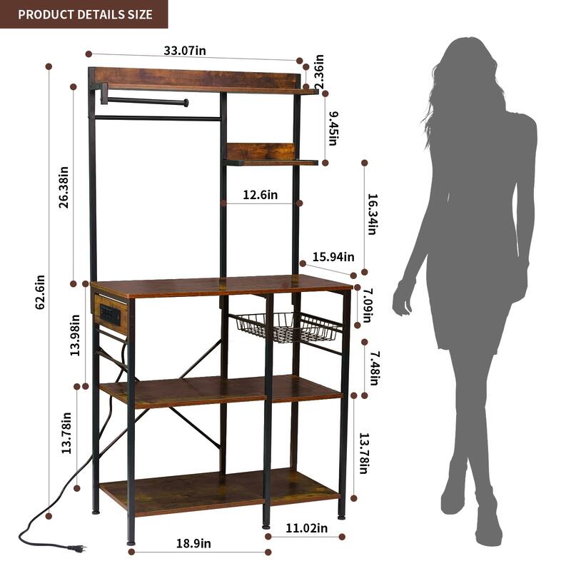 Bakers Rack with Power Outlet, Microwave Stand with Storage, Coffee Bar with S-Shaped Hooks, Kitchen Shelf with Wire Basket