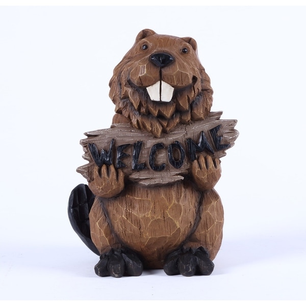 11.75" Beaver Holding a "Welcome" Sign Garden Statue - N/A