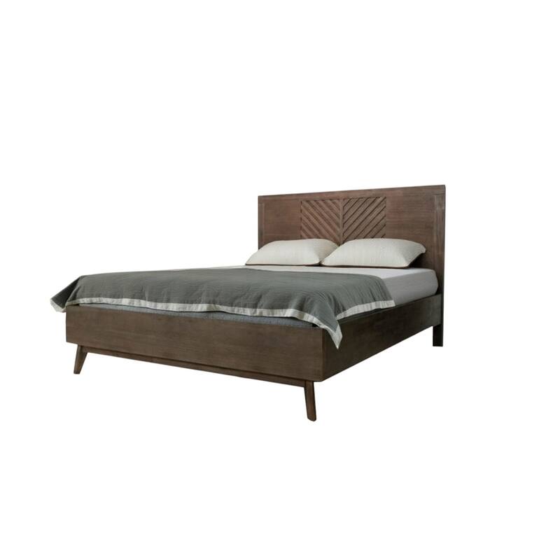 HomeRoots Brown Carved Geometric Solid Wood King Bed Frame