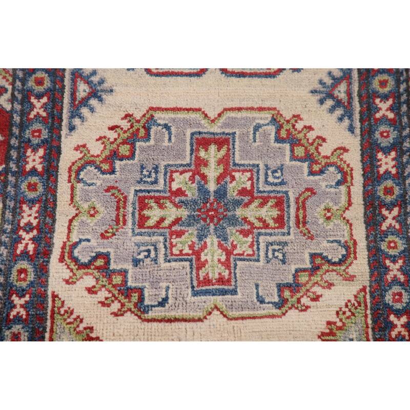 Geometric Kazak Runner Rug Handmade Beige Oriental Wool Carpet - 2'7" x 15'5"
