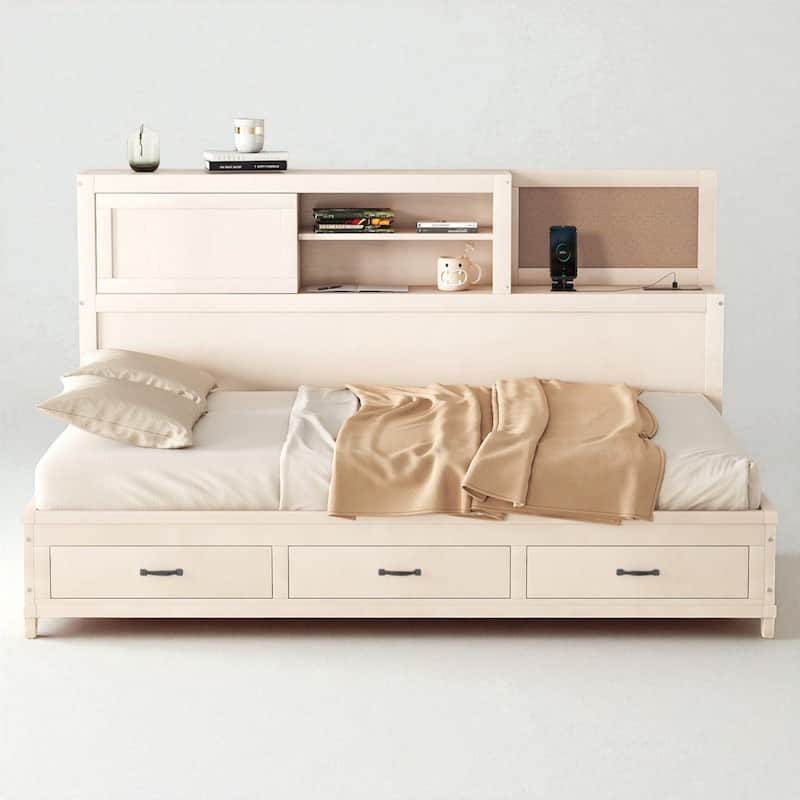 Full Size Wooden Daybed with 3 Drawers, USB Charging Ports, Shelf, and Soft Headboard Panel - No Box Spring Needed