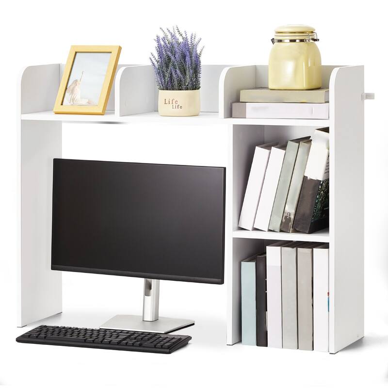 White Particle Board Desktop Bookshelf, 2 Shelves, Anti-Tip Design - 37.2" L x 9.5" W x 28.9" H
