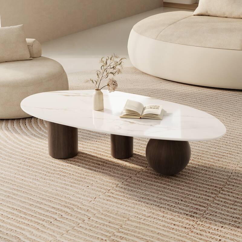 Modern 54" Coffee Table, White Sintered Stone Table-top, 3 Stainless Steel legs, Free form