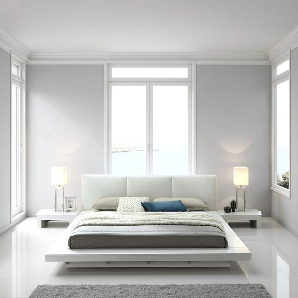 Rishi 4 Pc King Size Bedroom Set, Low Profile, Leatherette Padding, White