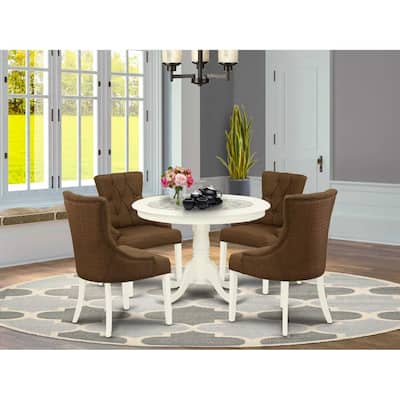 HomeStock 5-Piece Round Linen White Finish Solid Wood Top Dining Table with 4 Parson Chair with Lattice Back