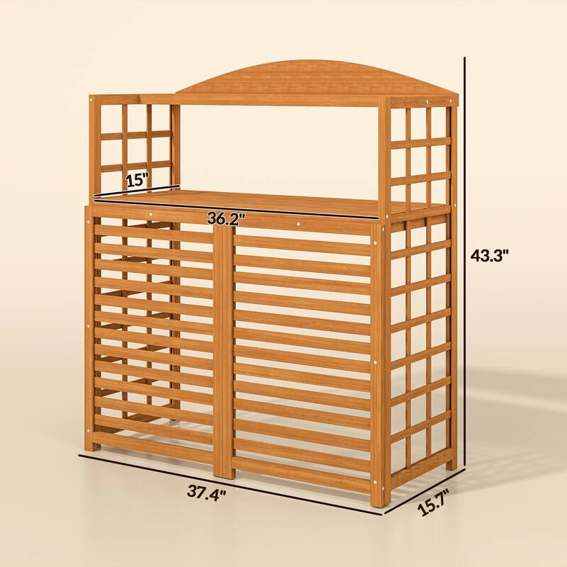 Light Brown Fir Wood Air Conditioner Fence with Elevated Base and Open Shelves for Garden Accessories