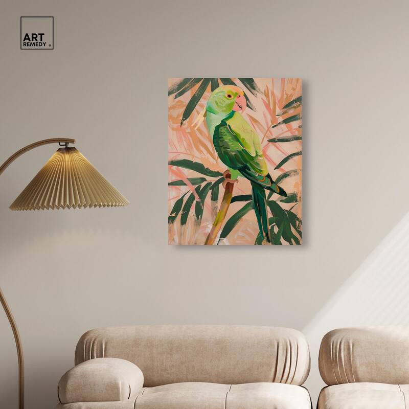 Coral and Green Parrot Canvas by Art Remedy, Gallery Wrapped