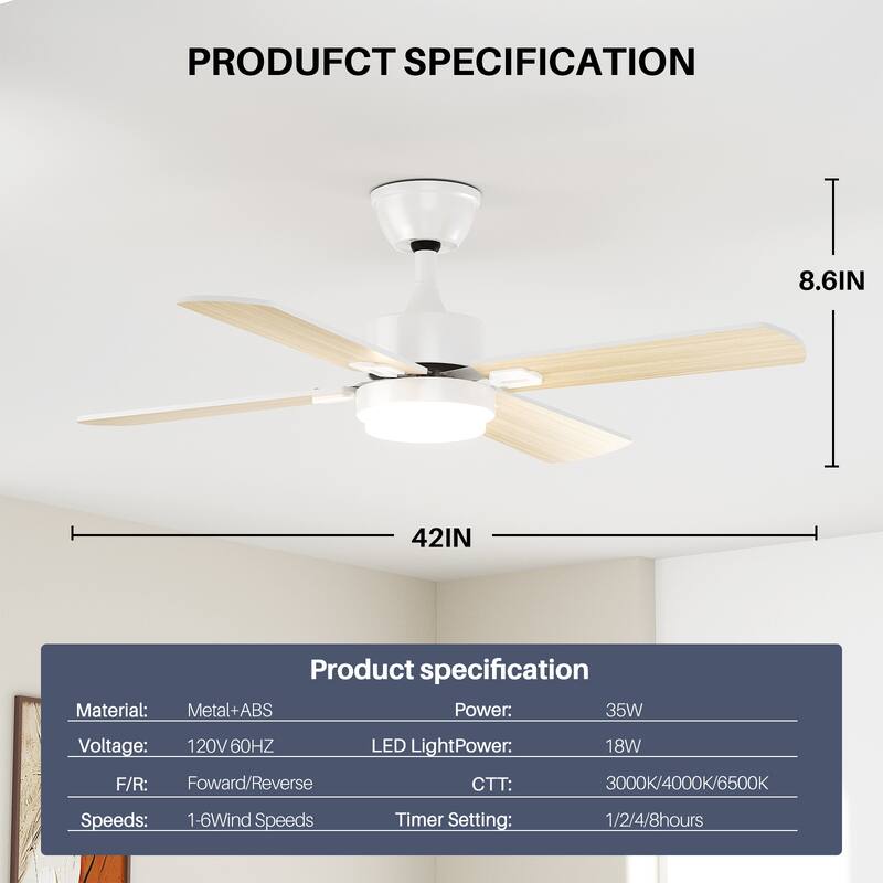Modern Farmhouse Large Ceiling Fan with Integrated Light and Remote, Ceiling Fan with Timer and 6-speed Wind