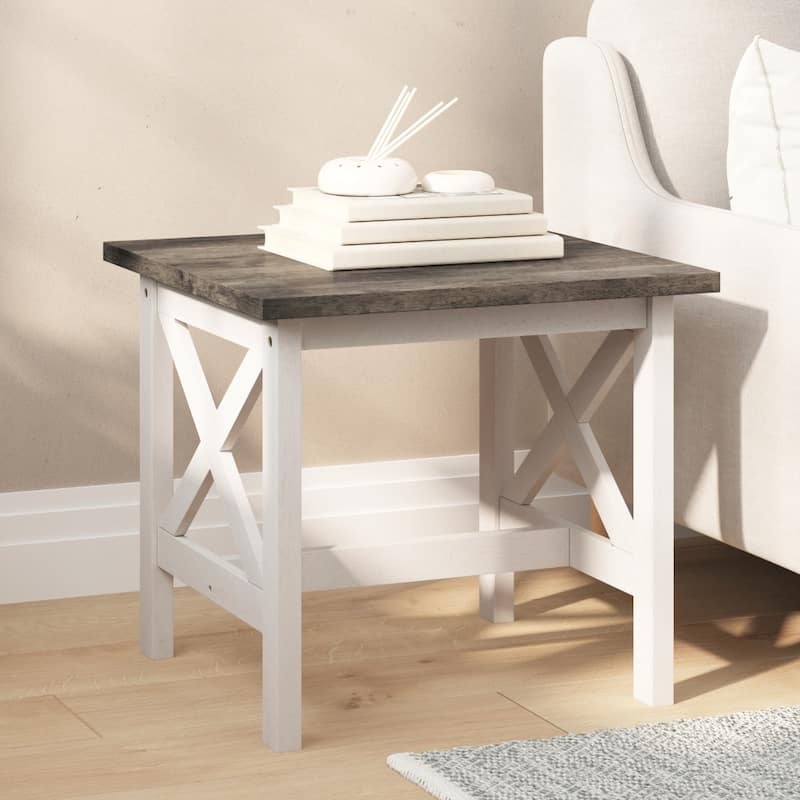 Classic Solid Wood Farmhouse End Table - Acacia Gray Top/Rustic White Frame