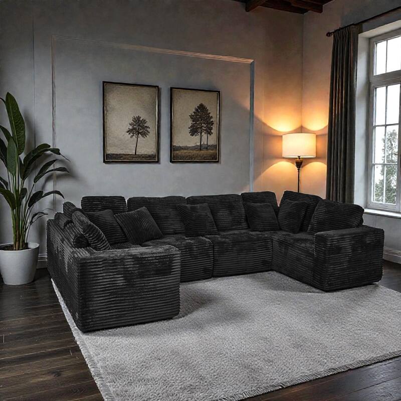 135.5 Inch U Shaped Modular Sectional Sofa, 6 Seat Corduroy Chaise Couch with Reversible Layout