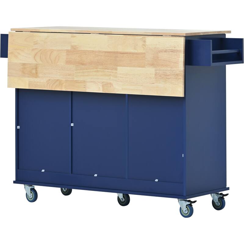 52.76'' Solid wood Kitchen Island with Locking Wheels, Drop Leaf, Adjustable Shelf and 3 Drawers - 52.76'' x 29.5'' x 36.81''