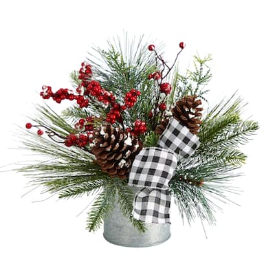 12" Frosted Pinecones and Berries Arrangement - 10
