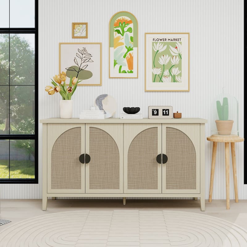 Roomfitters Rattan 4 Door Storage Cabinet, Sideboard Buffet Accent Cabinet with Adjustable Shelves, Natural - Natural