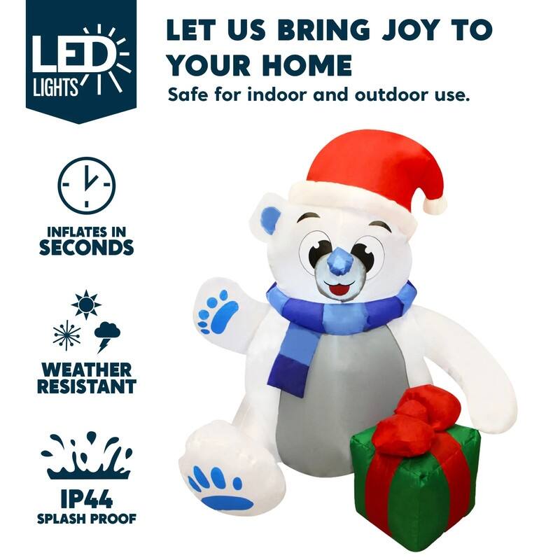 Joyfy 4-ft Christmas Inflatable Polar Bear with Gift - White and Blue