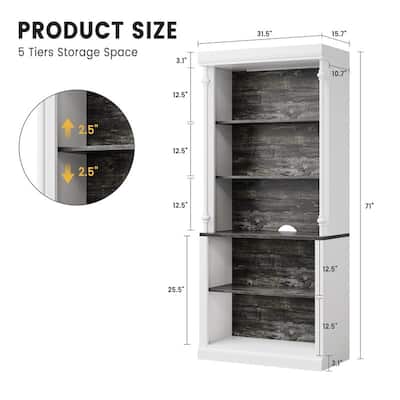 5-Tier Roman Column Style Bookcase with Cabinet Adjustable Shelves and Lights