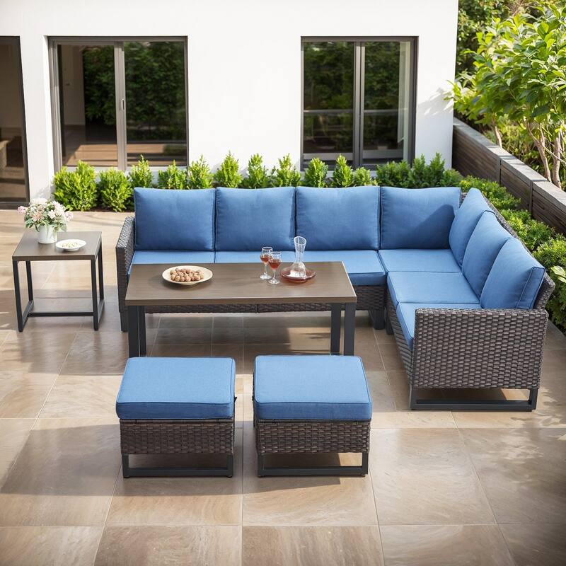 Gymojoy 5-Piece Outdoor Wicker Furniture Set, L-Shaped Sectional Sofa Set - Brown Wicker / Blue Cusion - 5-Piece
